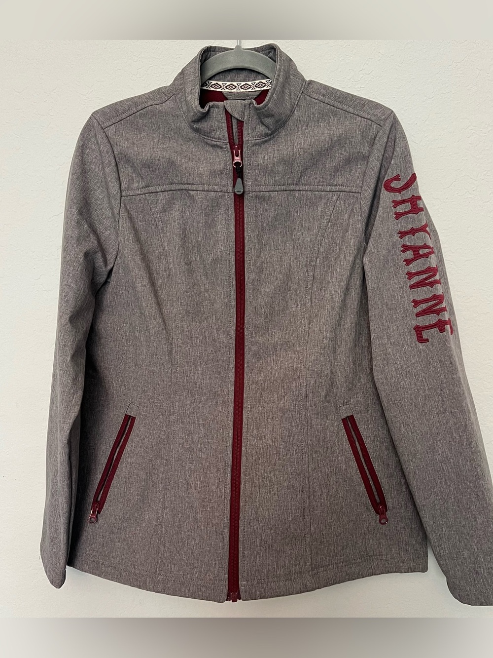 Shyanne Gray Utility Jacket with Burgundy Accents